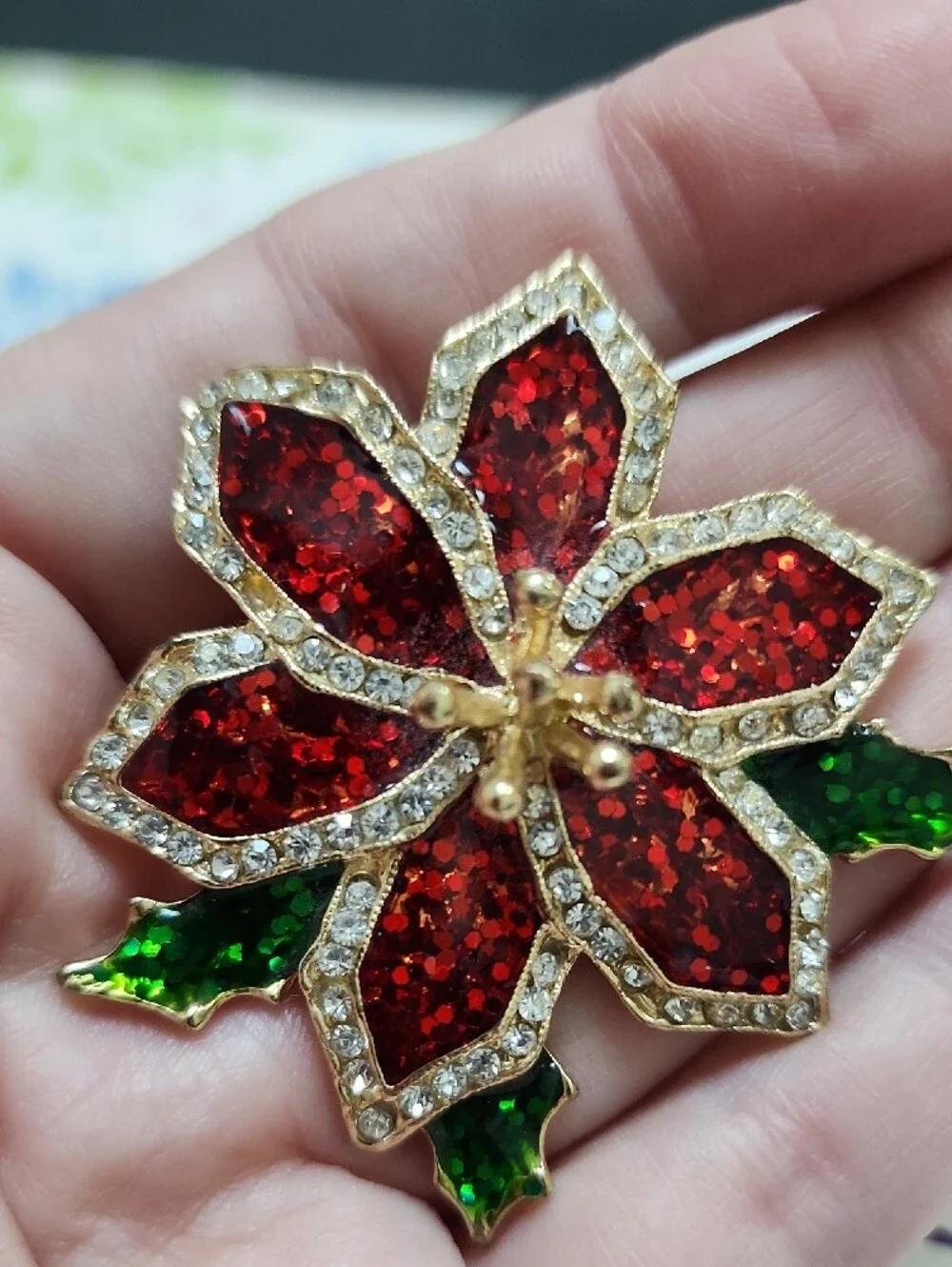 Christmas In July!! TC Brand Festive Red and Green Poinsettia Brooch